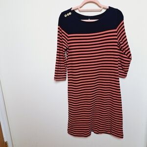 Talbots Navy Blue and Pink Stripe Colorblock Knit Cotton Quarter Sleeve Dress